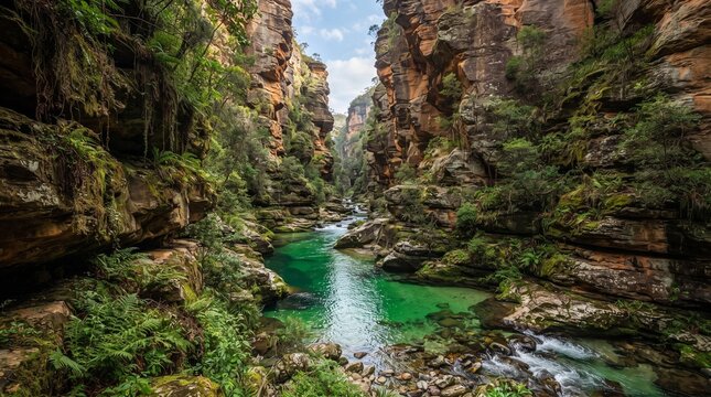 Emerald river flowing through a deep rocky canyon with lush green vegetation and cliffs.