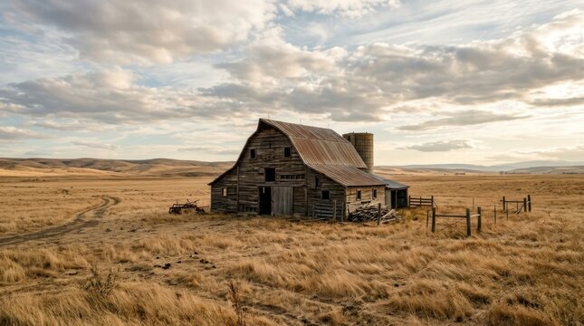 old rustic wooden barn standing in wide open dry grassland