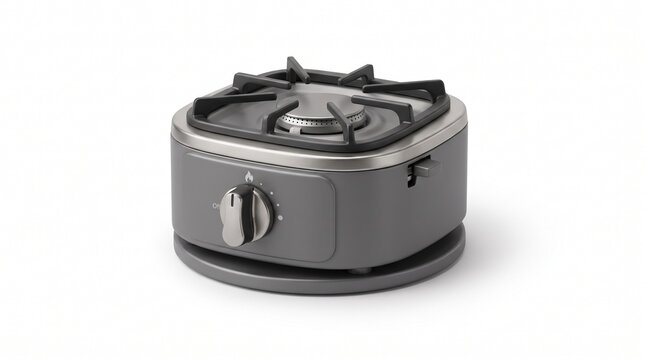 Single burner portable camping gas stove with adjustable knob isolated on a clean white background