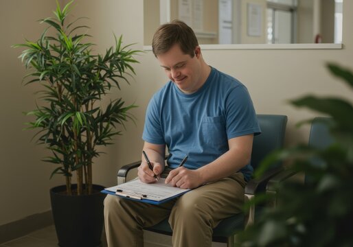 Young man with Down syndrome sitting in a waiting room and writing on a clipboard with a pen