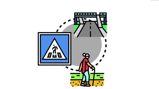 Inclusive urban planning a designated accessible pedestrian route with a crosswalk sign, a walking person with a cane, and an overhead road structure, symbolizing infrastructure for all