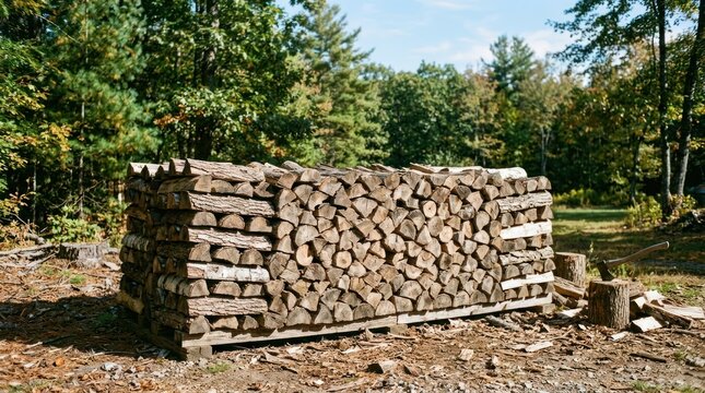 wooden logs stacked neatly on ground in sunny outdoor area