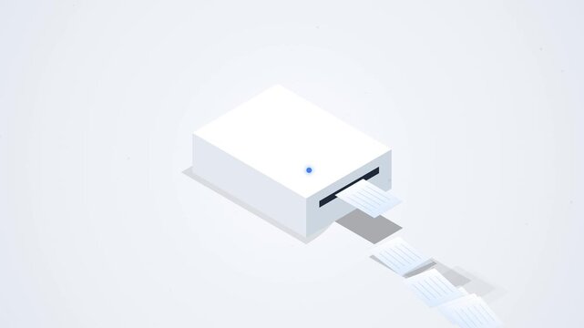 Isometric 3D illustration of a white office printer dispensing paper sheets representing efficient digital document workflow and motion rendering style
