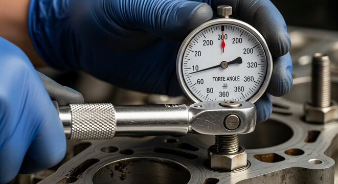 Mechanic using torque wrench and angle gauge on engine part