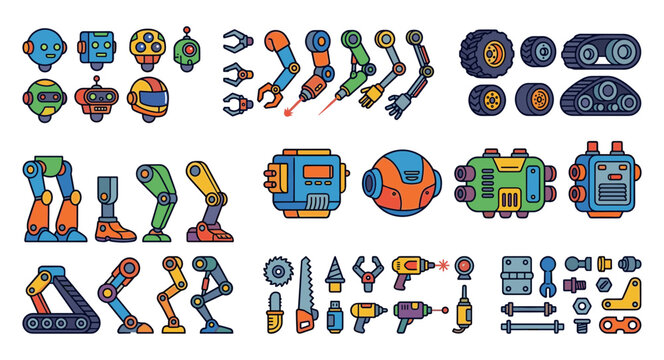 Robot Constructor Kit Vector Illustration with Futuristic Robotic Parts, Mechanical Arms, Wheels, Heads, and Industrial Tools for Customizable Sci-Fi Characters