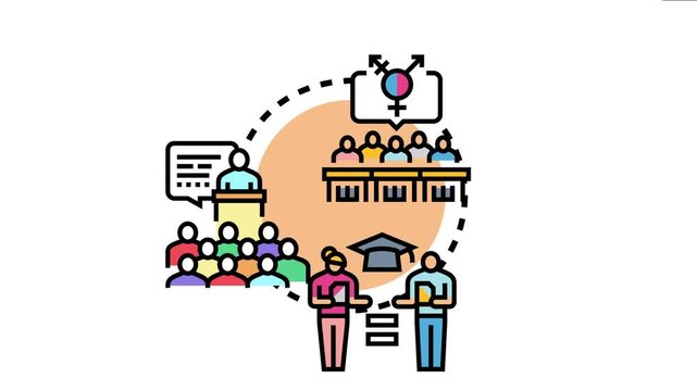 Inclusive academic environment fostering diverse student participation and equal opportunities for education, with educators delivering lectures and students engaging in learning activities