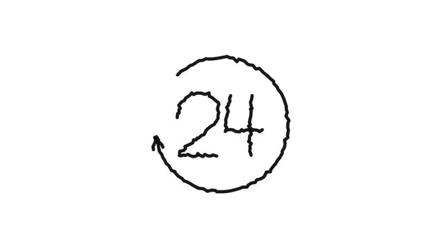Hand drawn 24 hours icon animation scribble style. 4K Video