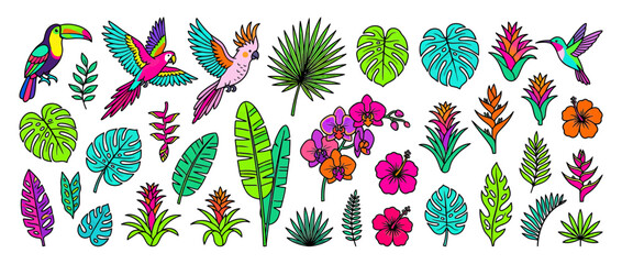 Vibrant Tropical Birds and Exotic Plants Collection Isolated © Lilis