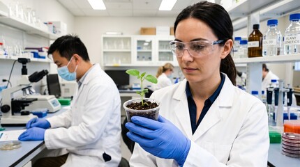 Fototapeta premium Environmental researcher analyzing a plant sample in a modern laboratory