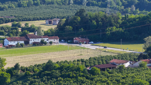 Aerial View of a Traditional Farmhouse and Rural Landscape in Piedmont