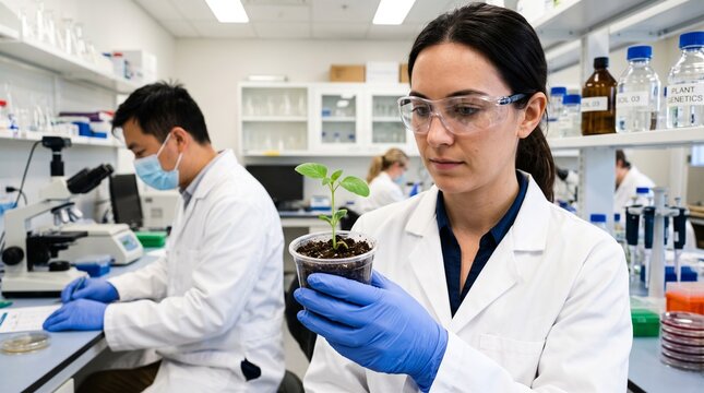 Environmental researcher analyzing a plant sample in a modern laboratory