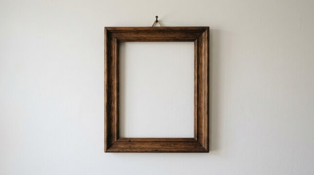 empty rectangular wooden picture frame hanging on plain wall background