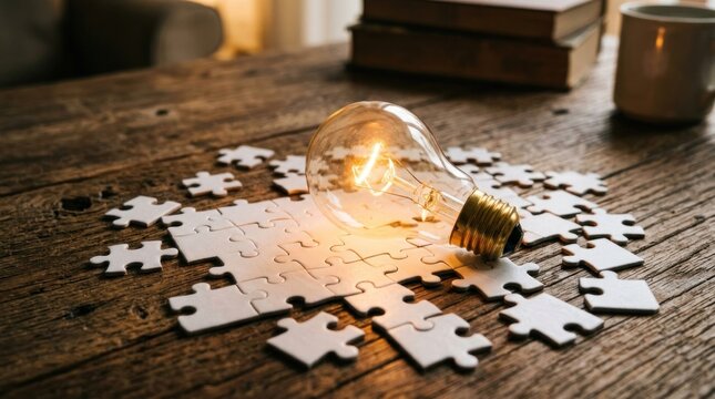 glowing lightbulb resting on white jigsaw puzzle pieces wooden surface