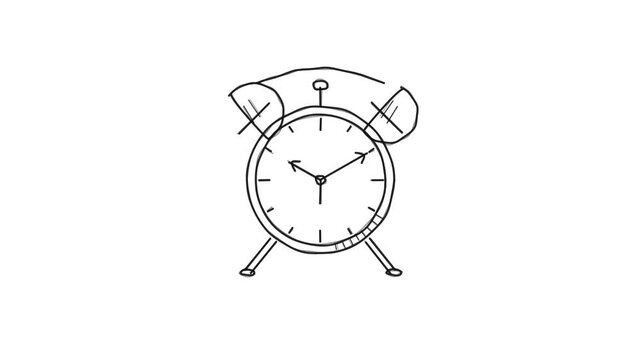 Hand drawn ringing alarm clock animation. 4K Video