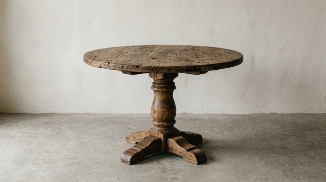 rustic wooden round pedestal table standing on plain backdrop surface
