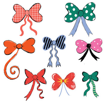 Cute Hand Drawn Bow Ribbon Clipart Set, Colorful Decorative Bows Collection for Crafts and Design