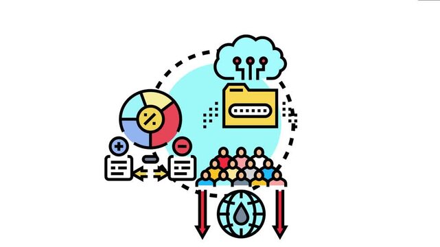 Digital resources are accessed from a cloud server, showing data management, analysis, and allocation for a population facing resource distribution challenges and sustainability issues