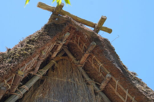 Close up detail of a traditional Japanese thatched roof architecture known as Gassho-zukuri in Shirakawa-go.
