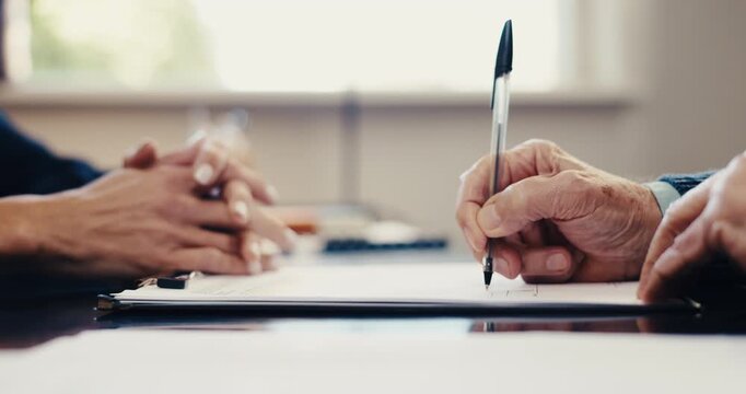 Hands, lawyer and old man with signature on document, application and nomination for last will. Attorney, senior person or writing in office with paperwork, contract agreement and inheritance annuity
