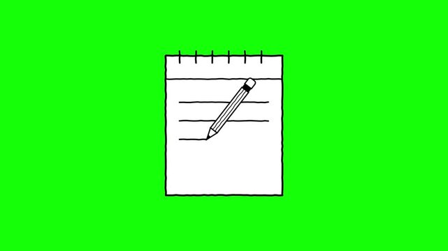 Animated pencil writing lines on notepad green screen. 4K Video
