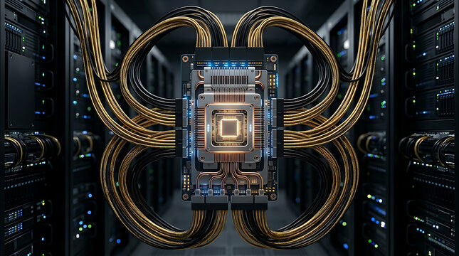 Central processing unit with surrounding cables in a server room environment processor