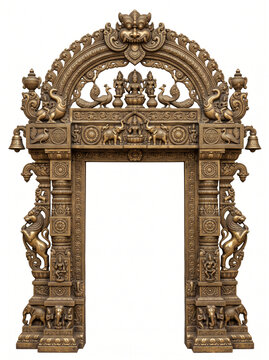 Grand South Indian temple doorway frame with hanging bells, elephant motifs, sculptural figures and ornate golden bronze relief