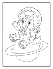 Baby Triceratops Astronaut Sitting on a Planet Coloring Page for Kids. Simple Black and White Dinosaur Space Illustration. © laky