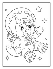 Printable Baby Triceratops Astronaut Coloring Sheet. Cute Cartoon Dinosaur Space Activity for Kids © laky