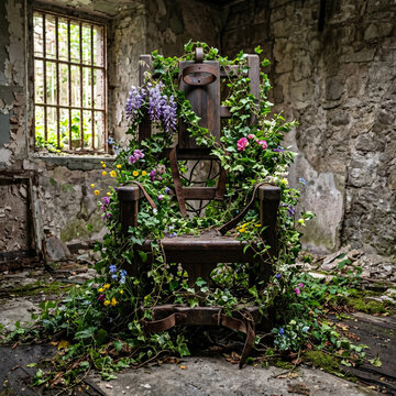 World Day against the Death Penalty. Photorealistic: an empty abandoned electric chair covered with bright climbing ivy and flowers