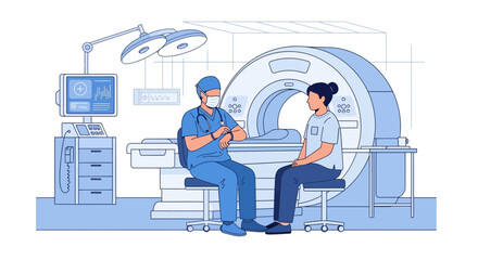 Fototapeta premium Medical Professionals Discussing Diagnosis and Treatment Options in MRI Examination Room