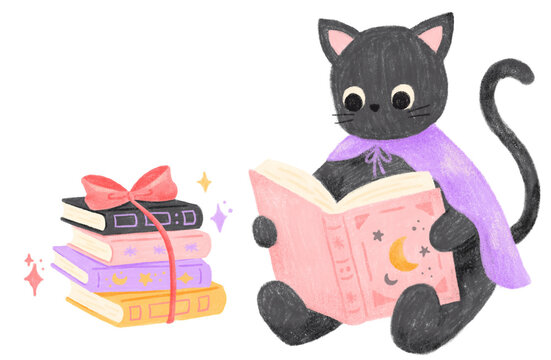 Cute black cat reading a magic book beside a colorful stack of books, hand drawn pastel Halloween illustration
