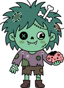 Cute cartoon zombie girl holding pink heart
