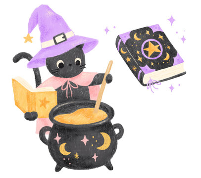 Cute black cat witch reading a magic book and stirring a bubbling cauldron, hand drawn pastel Halloween illustration with spellbook and stars.