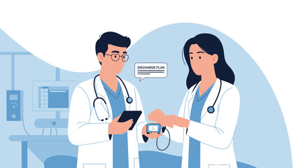 Fototapeta premium Medical Professionals Discussing Discharge Plan and Utilizing Healthcare Technology in Hospital
