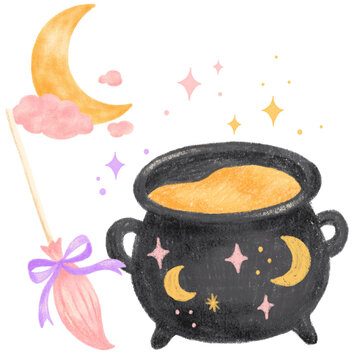 Black witch cauldron filled with a glowing orange potion beside a magic wand, crescent moon and stars, hand drawn pastel Halloween illustration.