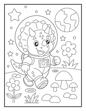 Easy Baby Triceratops Exploring an Alien Garden Coloring Page for Kids. Cute Printable Dinosaur Space Adventure Coloring Book Illustration.