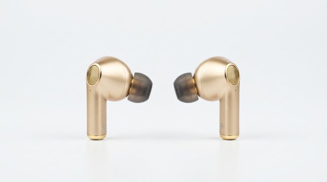 Metallic gold wireless earbuds, premium bluetooth earphones on white background, luxury audio hardware for music and calls