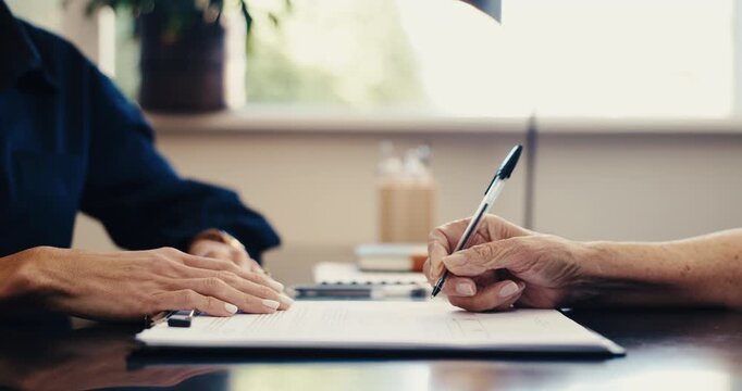 Hands, lawyer and old woman with signature on document, application and notary for last will. Attorney, senior person and writing in office with paperwork, contract consent and inheritance annuity