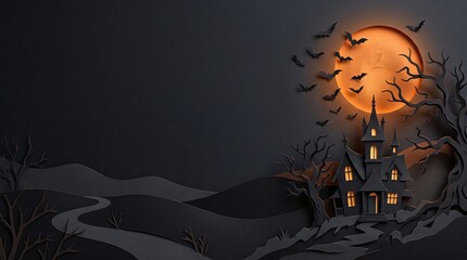 Fototapeta premium Spooky Layered Papercut Halloween Background with Haunted Castle and Large Copy Space