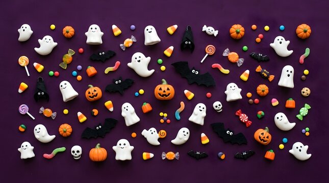 Halloween candy pattern with ghosts bats and pumpkins over purple background for festive layout.