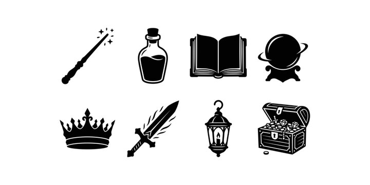 "Black silhouette vector illustration of fantasy adventure icons including magic wand potion book crystal ball crown sword lantern treasure"