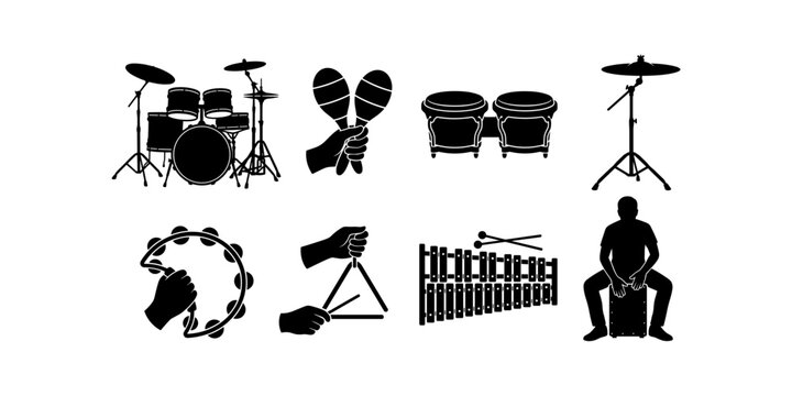 "Black silhouette vector illustration of percussion icons including drum set maracas bongos cymbal tambourine triangle xylophone cajon"