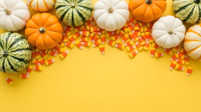 Miniature pumpkins and gourds with candy corn border on bright yellow background for autumn celebration layouts.