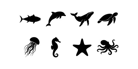 Fototapeta premium Marine life and sea animals icon set featuring tuna dolphin whale sea turtle jellyfish seahorse starfish and octopus