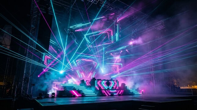 Electronic music concert stage with laser lights and smoke effects at night