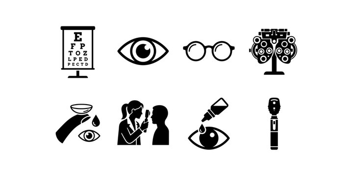 Optometry and eye care icon set featuring snellen chart eyeball eyeglasses phoropter contact lens exam eye drops and ophthalmoscope
