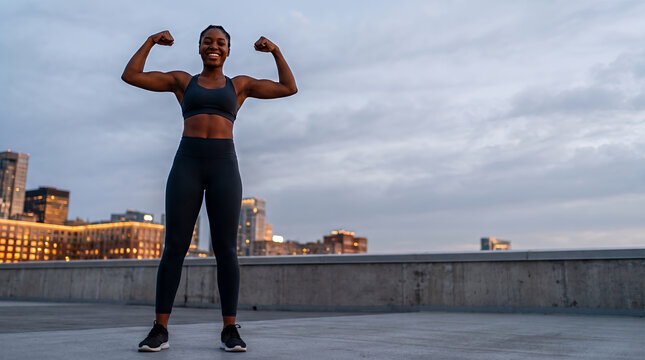 Athletic woman flexing with confidence at sunset urban waterfront