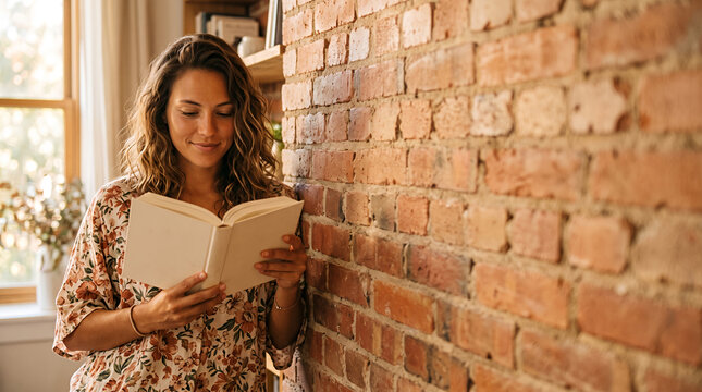 Woman reading book lying on bed in sunlit bedroom in morning