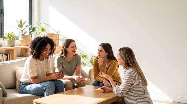 Four women sitting on sofa talking and laughing in cozy living room