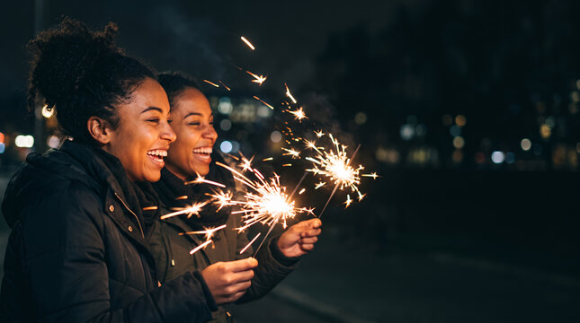 Two women with sparklers celebrating at night in dark outdoors